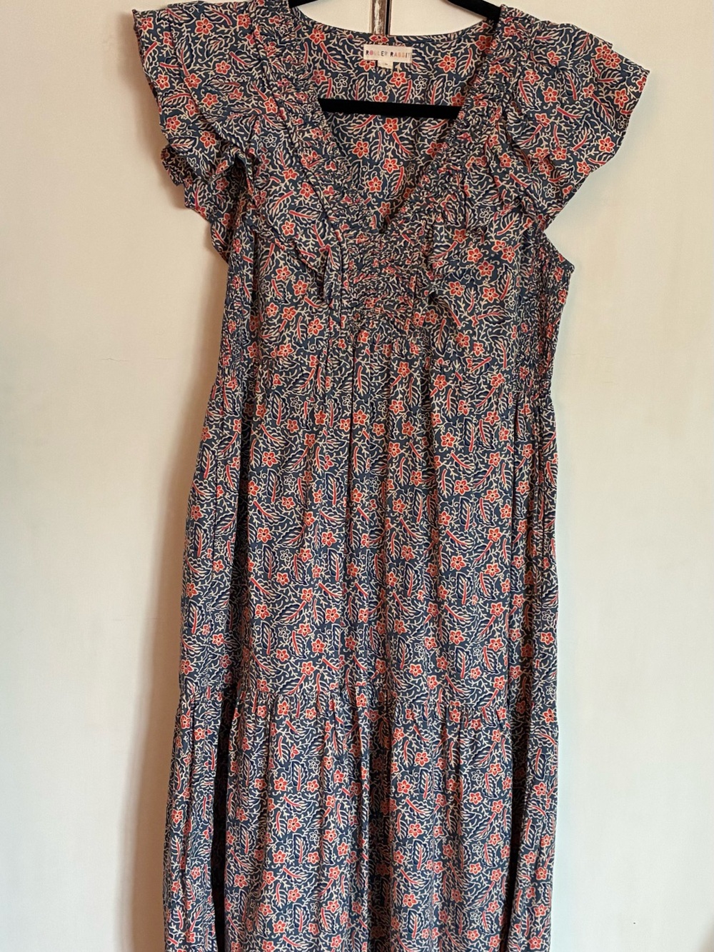 Roller Rabbit Navy Floral Ruffle Maxi Dress with Coral Accents